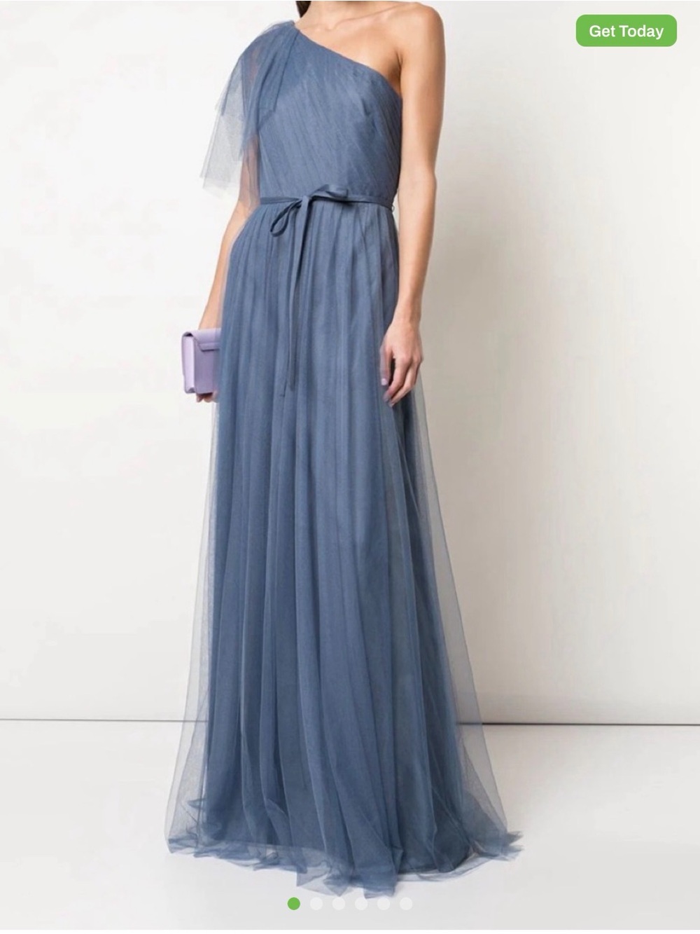 Marchesa Notte One-Shoulder Slate Blue Tulle Maxi Dress with Self-Tie Waist